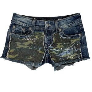 Miss Me Womens Denim Shorts 27 Camo Sequin Blue Jean Distressed Y2K Cowgirl Glam